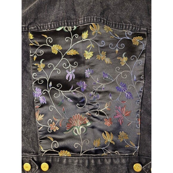 Liz Claiborne Vintage Lizwear Black Denim Jacket Pearls Japanese Flowers - Picture 7 of 14